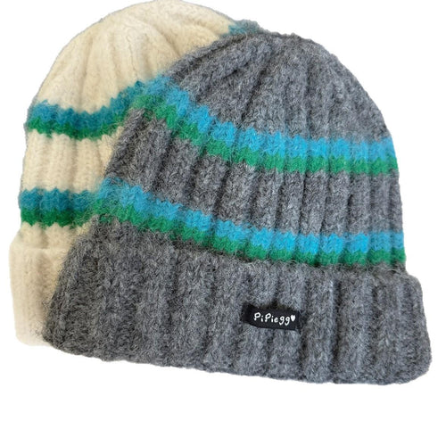 Contrast-color Striped Knit Beanie for Women - Trendy Knit Set