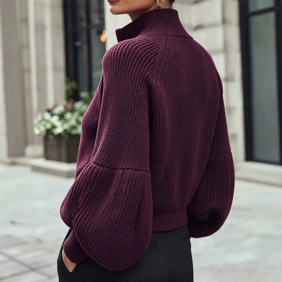 Lantern-sleeve High-neck Metal-zip Knit Cardigan Coat