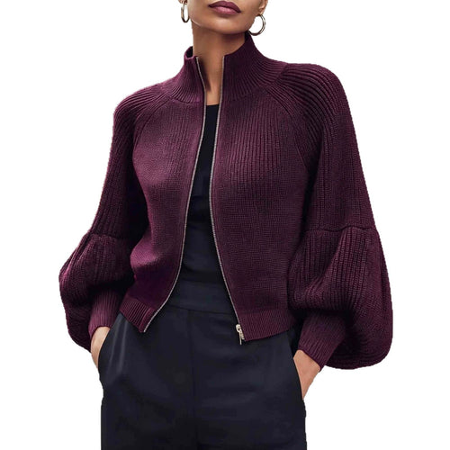 Lantern-sleeve High-neck Metal-zip Knit Cardigan Coat