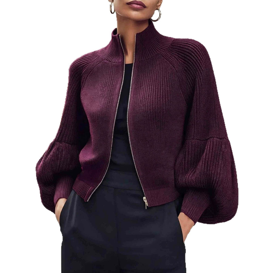 Lantern-sleeve High-neck Metal-zip Knit Cardigan Coat