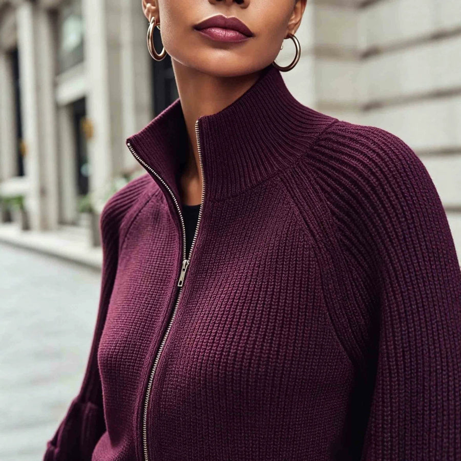 Lantern-sleeve High-neck Metal-zip Knit Cardigan Coat