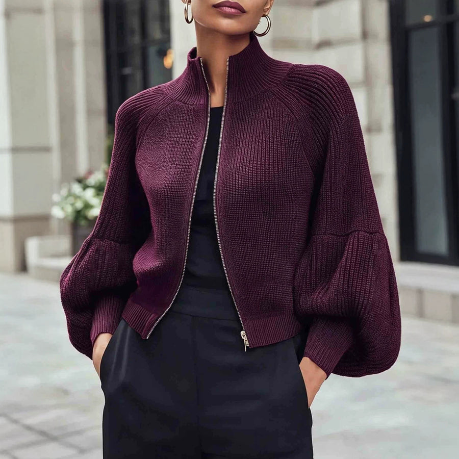Lantern-sleeve High-neck Metal-zip Knit Cardigan Coat