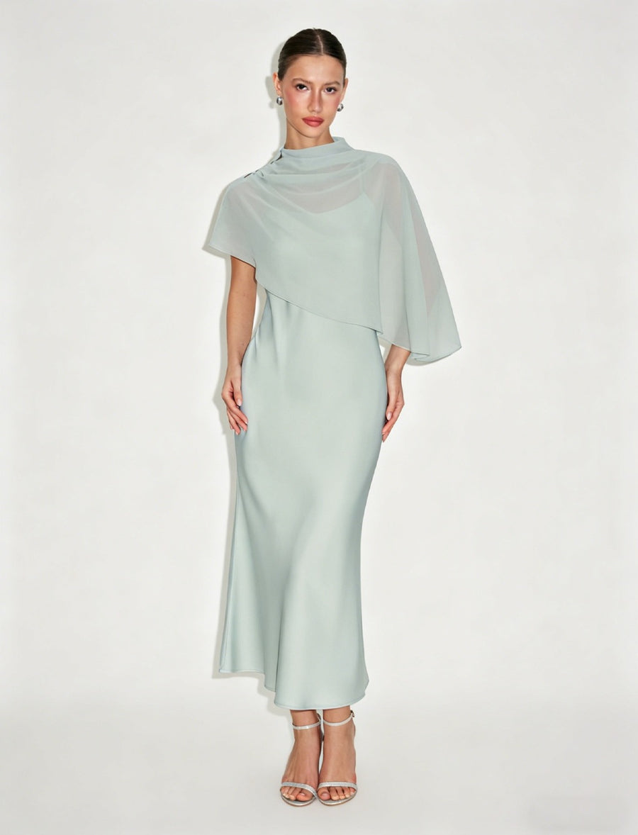 Light Luxury Style Cape Shoulder Maxi Dress for Women