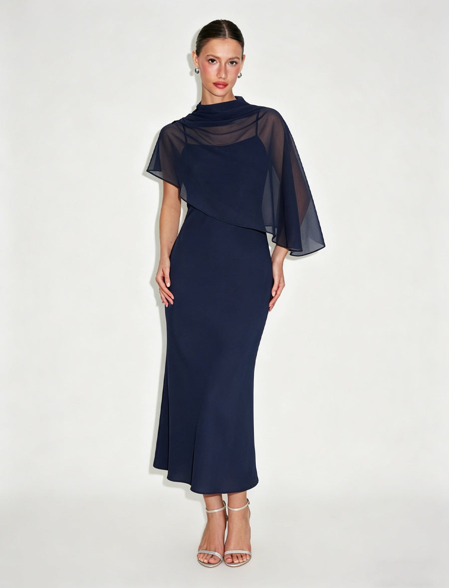 Light Luxury Style Cape Shoulder Maxi Dress for Women