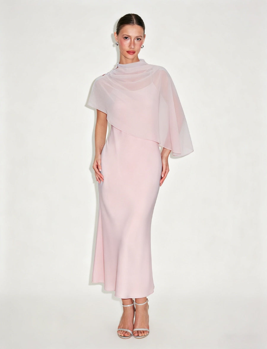 Light Luxury Style Cape Shoulder Maxi Dress for Women