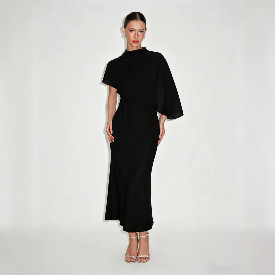 Light Luxury Style Cape Shoulder Maxi Dress for Women