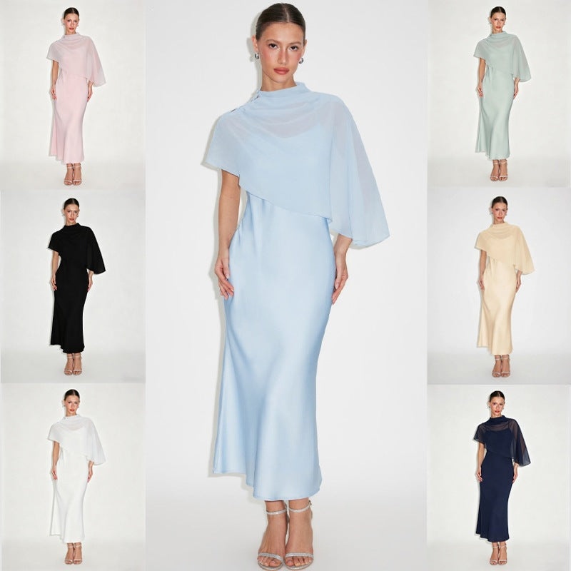 Light Luxury Style Cape Shoulder Maxi Dress for Women