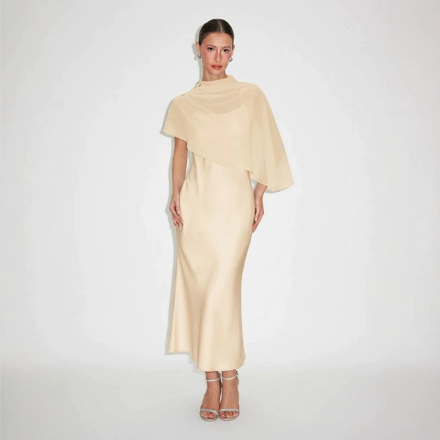 Light Luxury Style Cape Shoulder Maxi Dress for Women