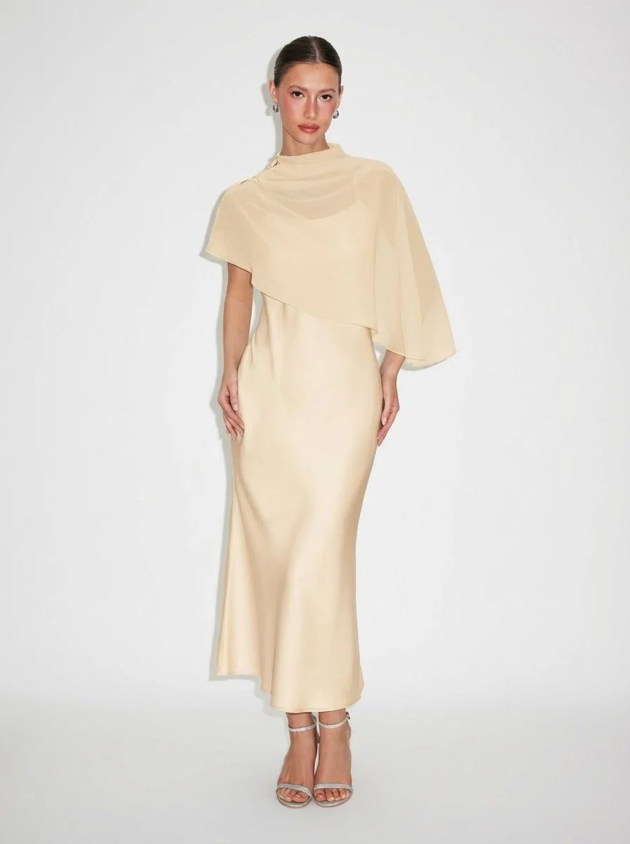 Light Luxury Style Cape Shoulder Maxi Dress for Women