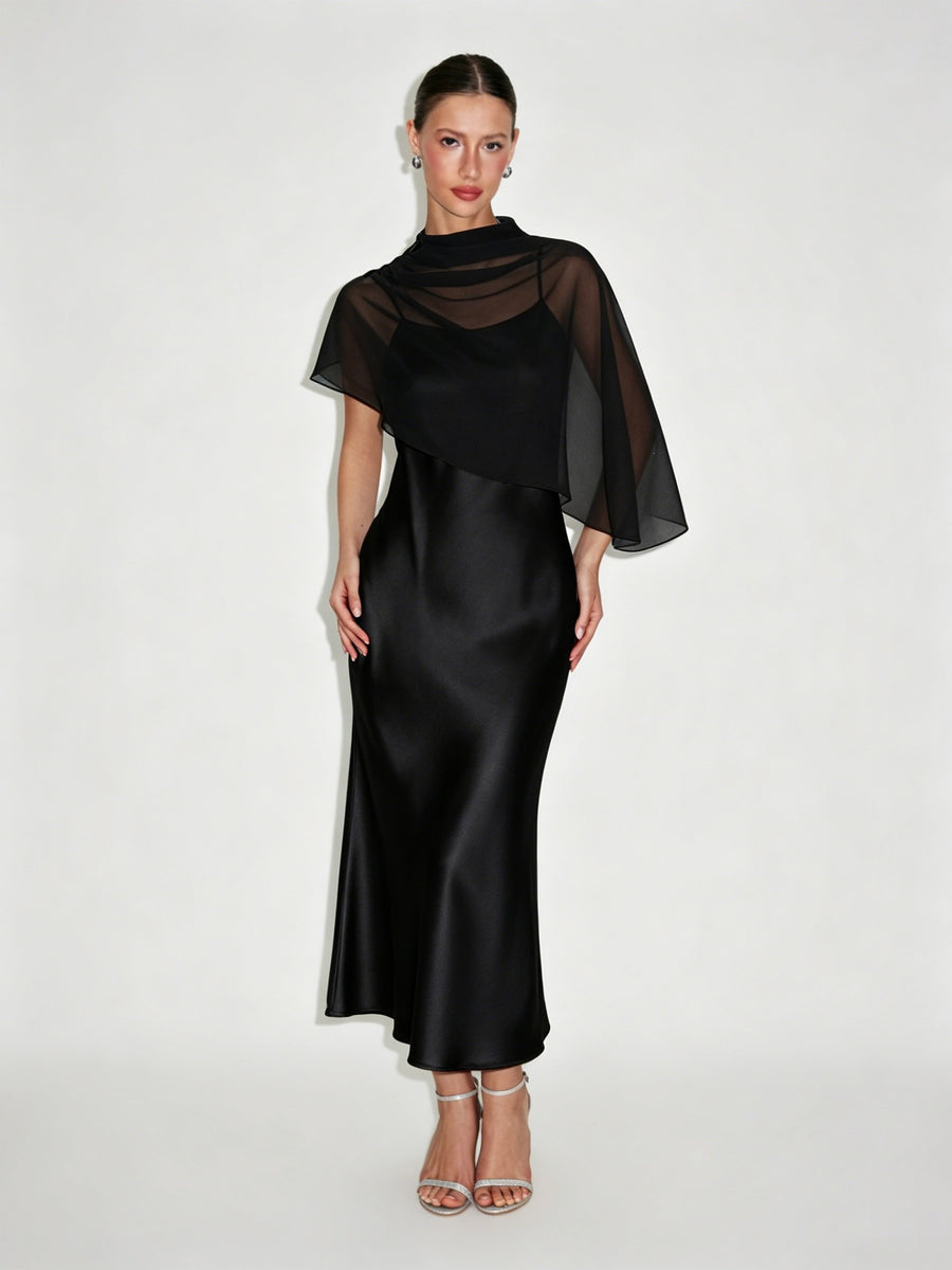 Light Luxury Style Cape Shoulder Maxi Dress for Women