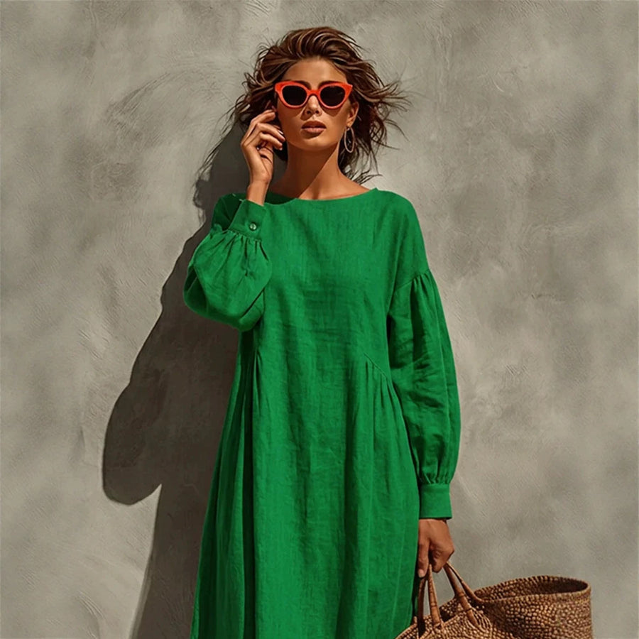 Linen Crew-neck Puff-sleeve Loose-fitting Long Dress