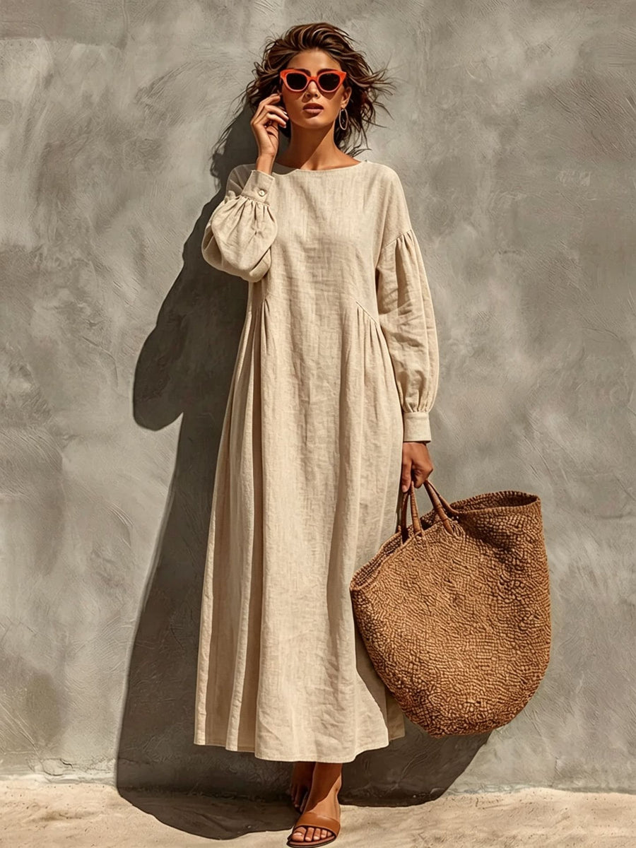 Linen Crew-neck Puff-sleeve Loose-fitting Long Dress
