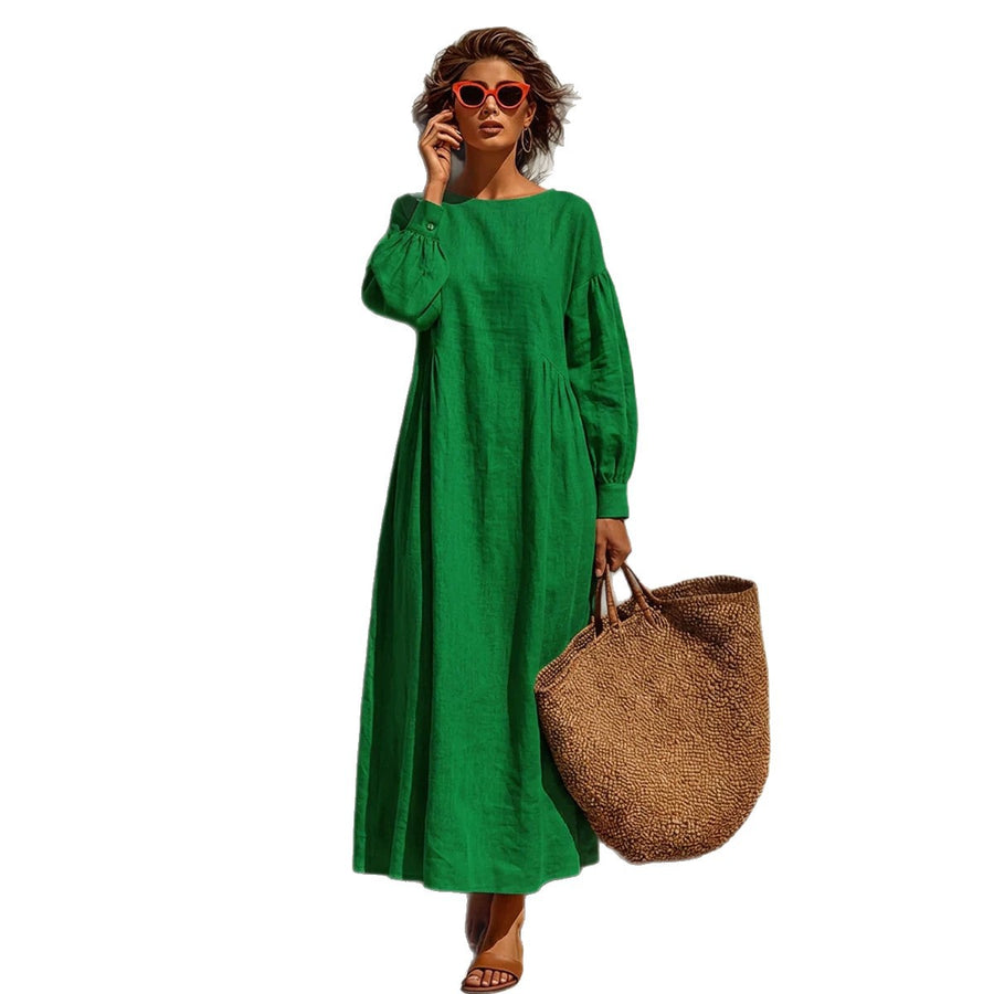 Linen Crew-neck Puff-sleeve Loose-fitting Long Dress