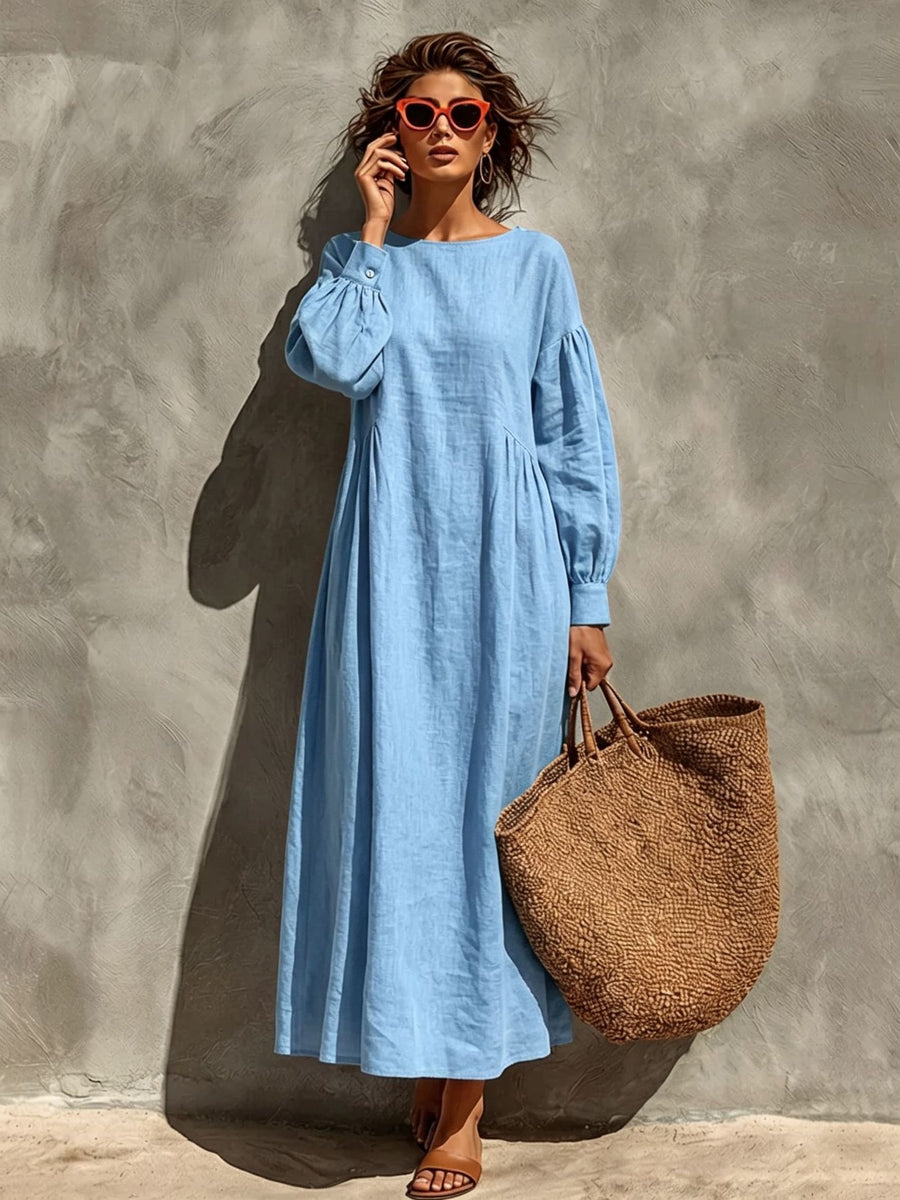 Linen Crew-neck Puff-sleeve Loose-fitting Long Dress