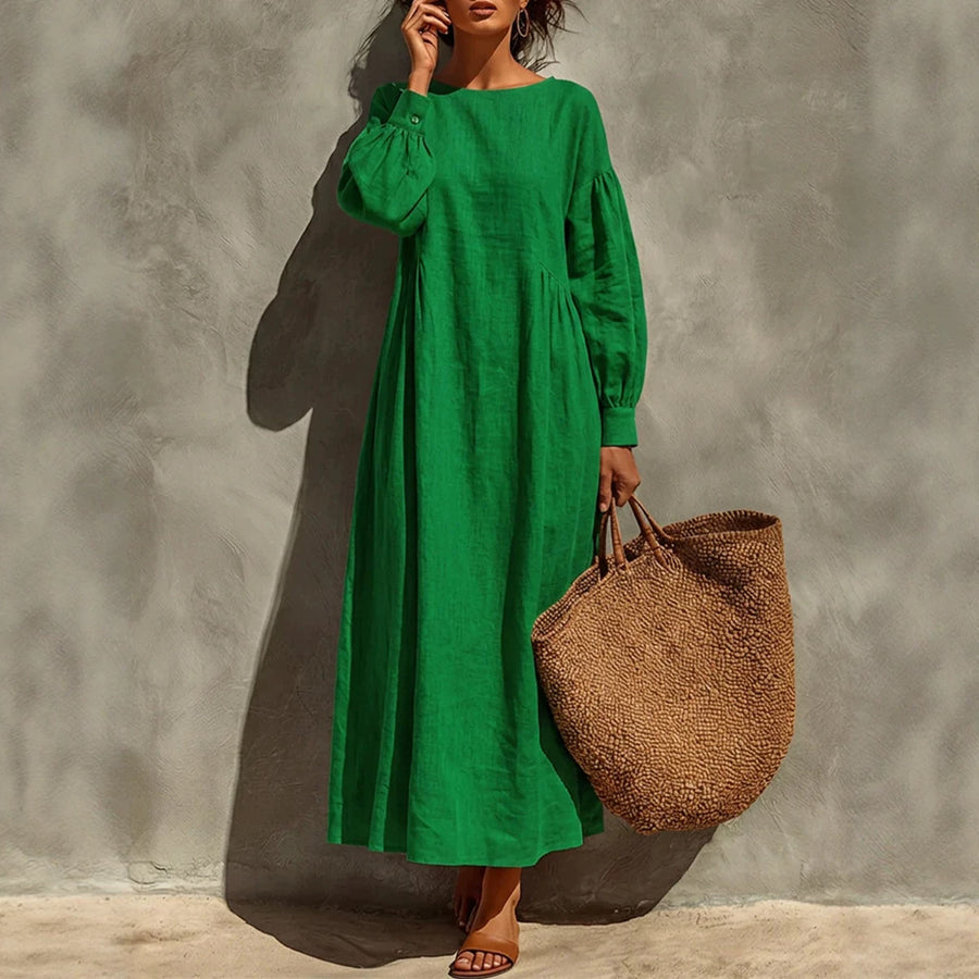 Linen Crew-neck Puff-sleeve Loose-fitting Long Dress