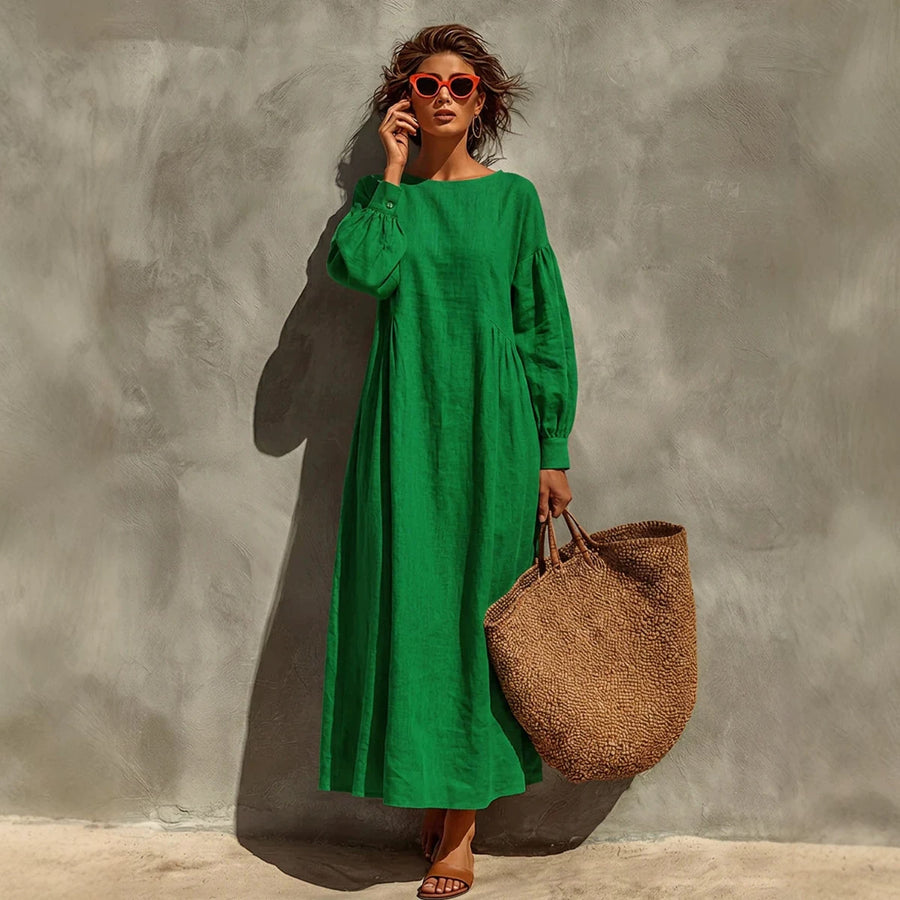 Linen Crew-neck Puff-sleeve Loose-fitting Long Dress