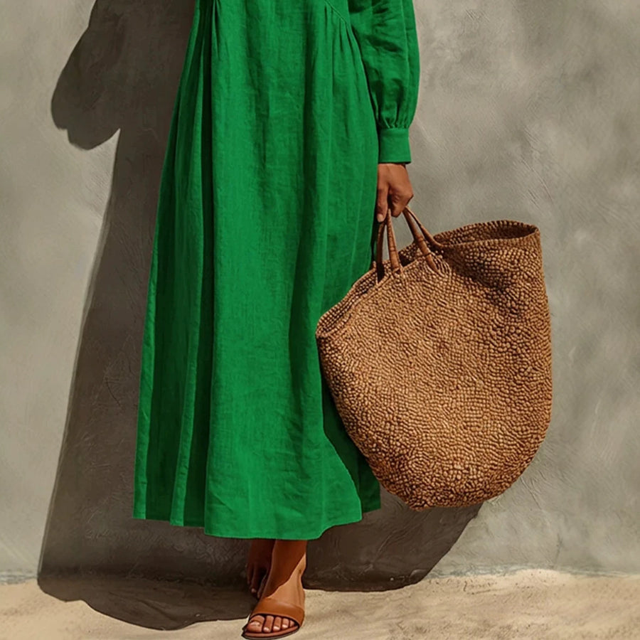 Linen Crew-neck Puff-sleeve Loose-fitting Long Dress