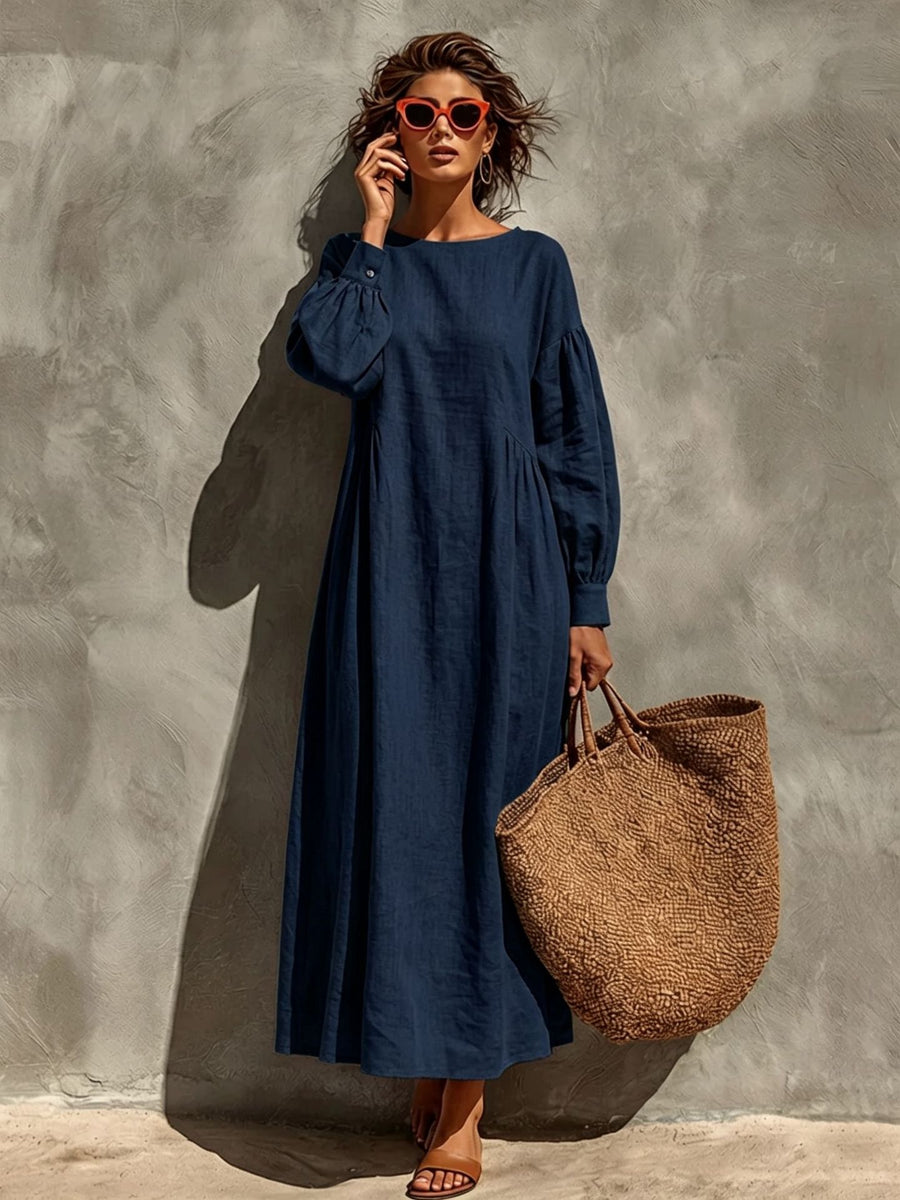 Linen Crew-neck Puff-sleeve Loose-fitting Long Dress
