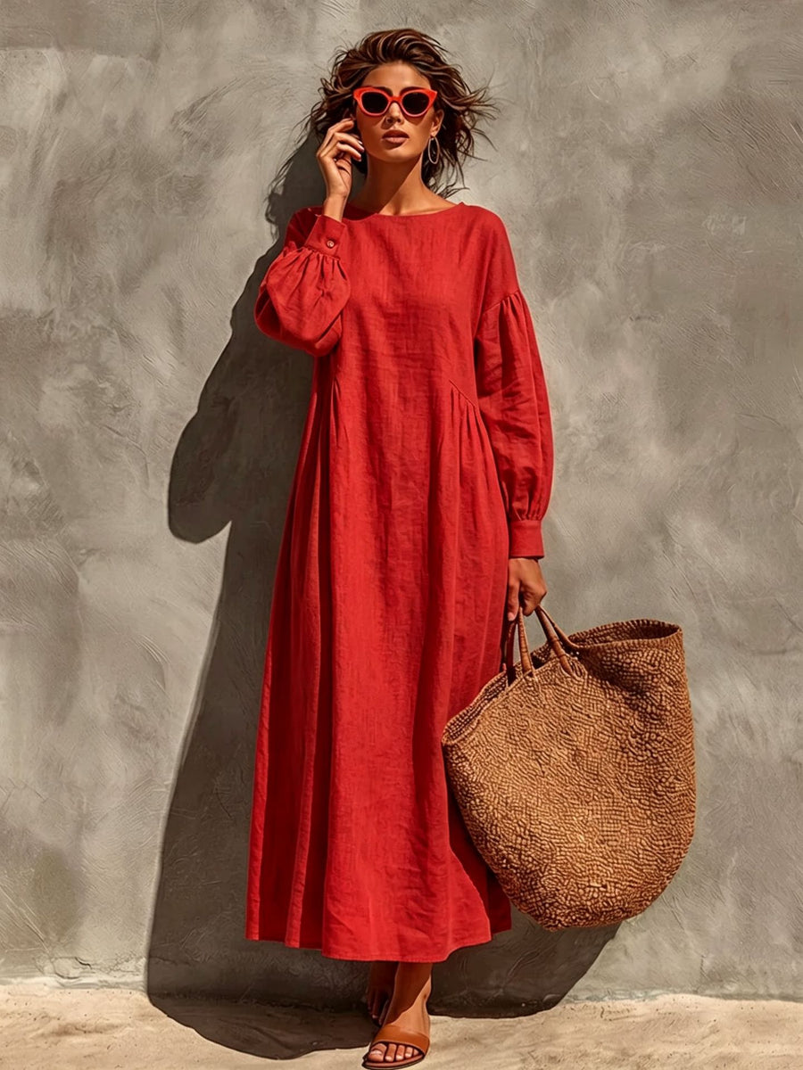 Linen Crew-neck Puff-sleeve Loose-fitting Long Dress