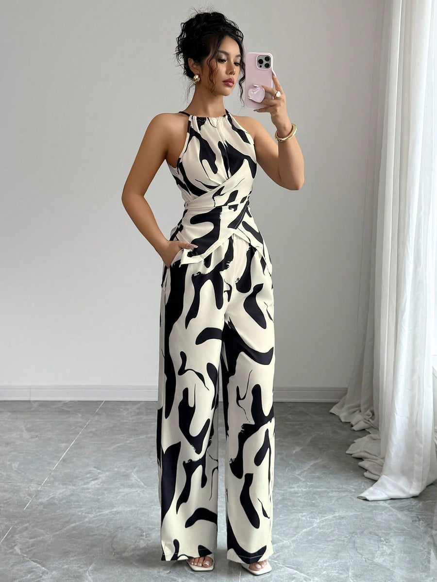 Slim and Loose Black and White Milk Pattern Print Halter Neck Suit