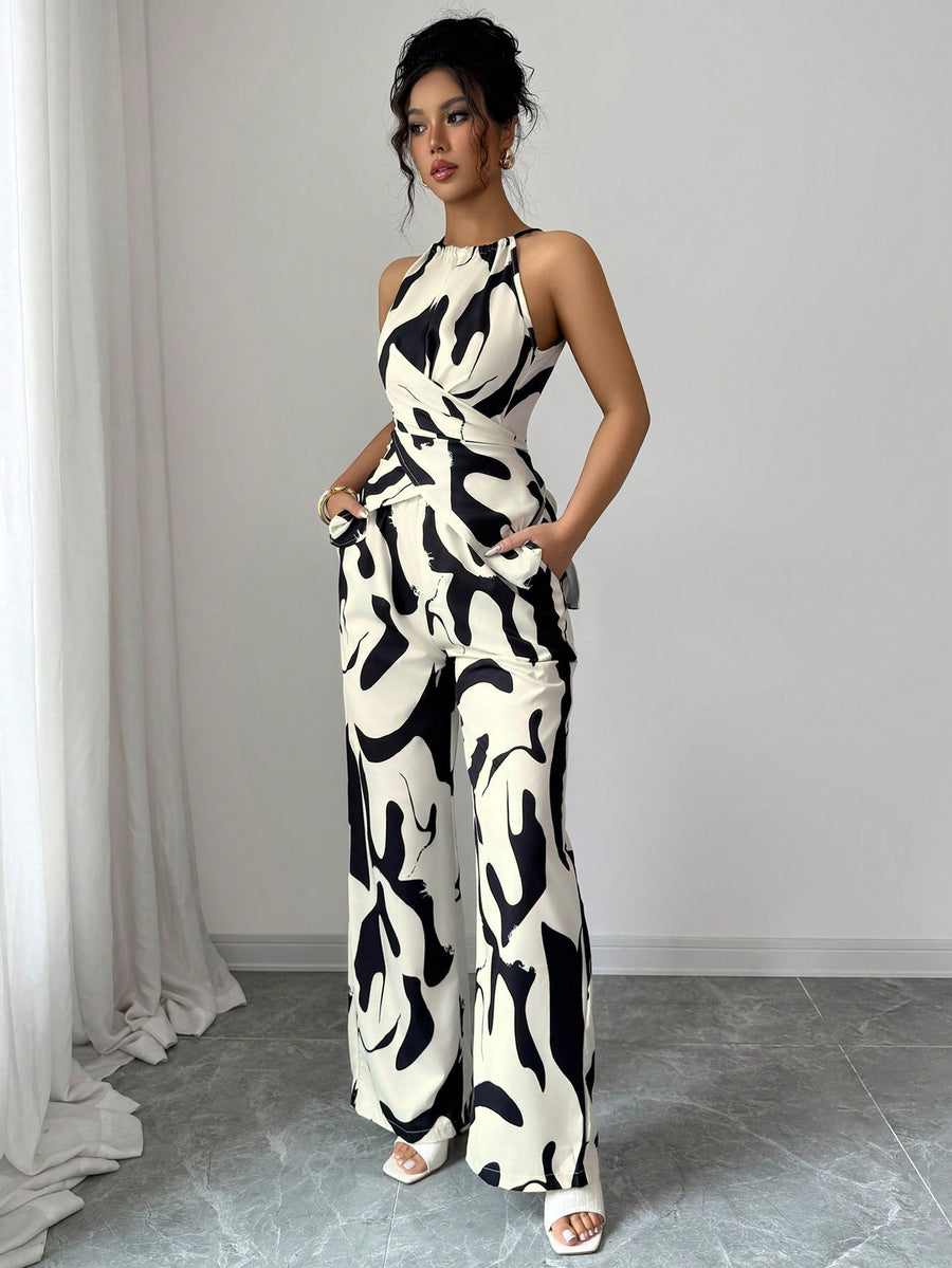Slim and Loose Black and White Milk Pattern Print Halter Neck Suit