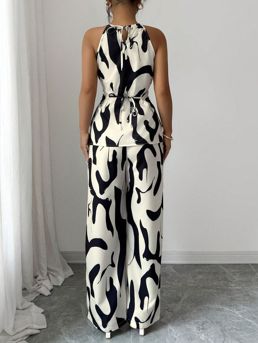 Slim and Loose Black and White Milk Pattern Print Halter Neck Suit