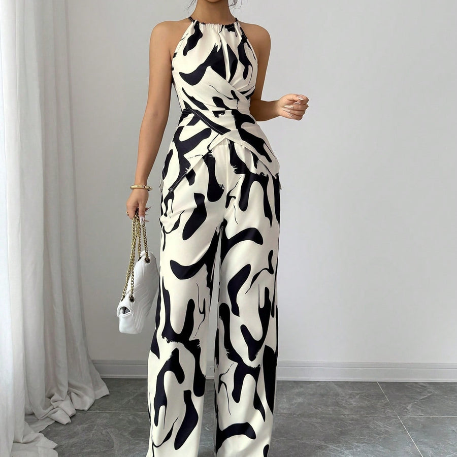 Slim and Loose Black and White Milk Pattern Print Halter Neck Suit
