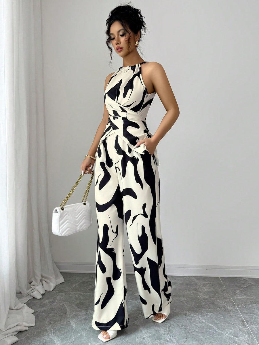 Slim and Loose Black and White Milk Pattern Print Halter Neck Suit
