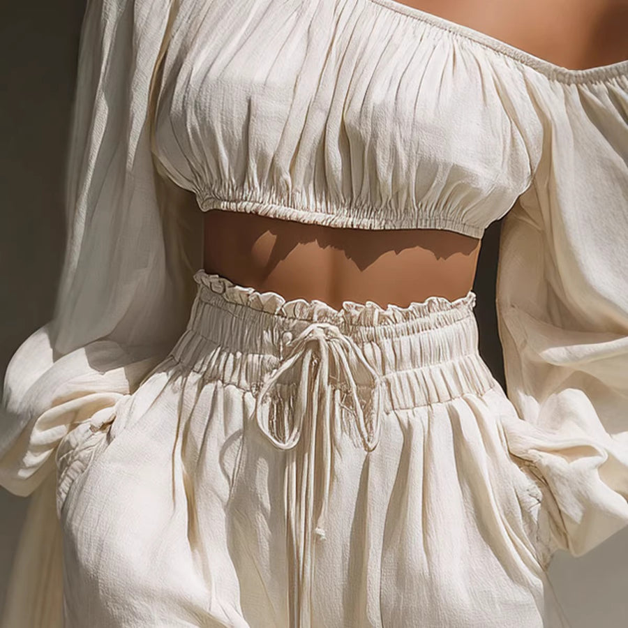 Womens Long-sleeve Cropped Top and High-waisted Shorts Set