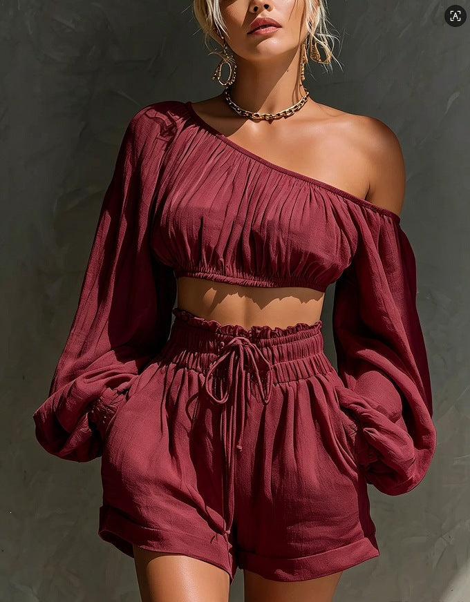 Womens Long-sleeve Cropped Top and High-waisted Shorts Set