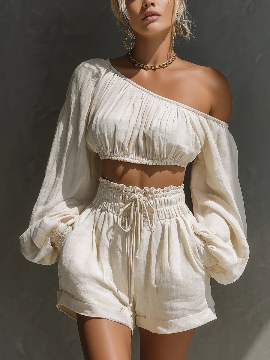Womens Long-sleeve Cropped Top and High-waisted Shorts Set