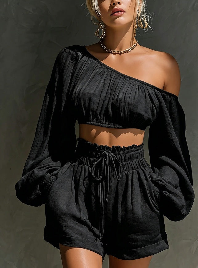 Womens Long-sleeve Cropped Top and High-waisted Shorts Set