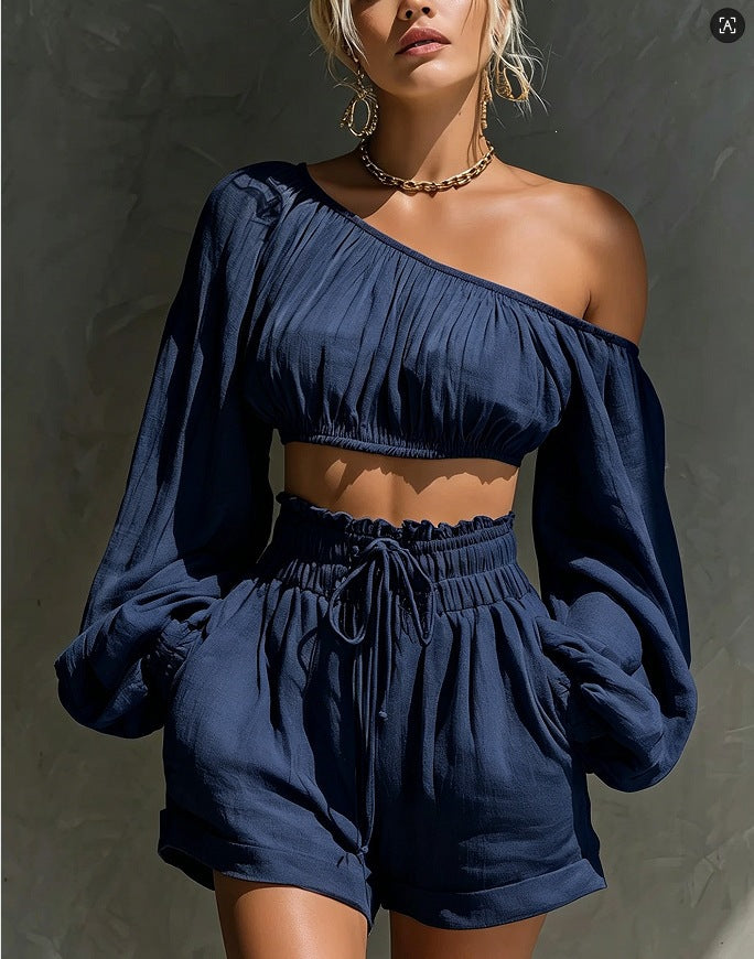 Womens Long-sleeve Cropped Top and High-waisted Shorts Set