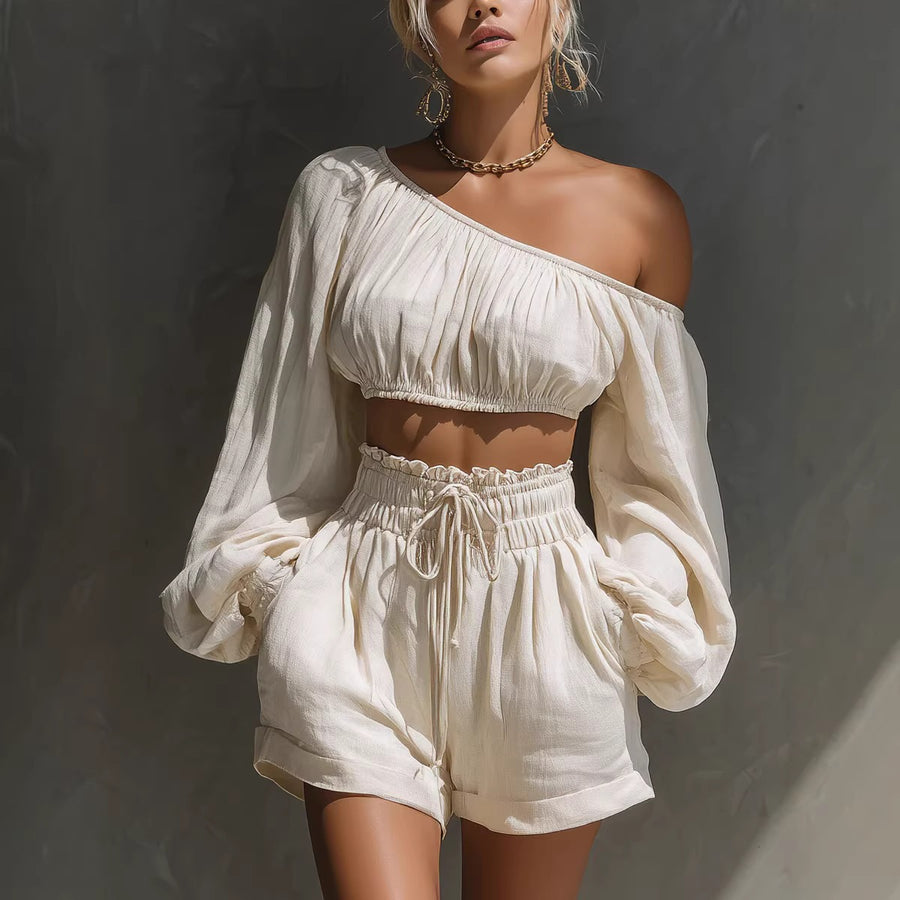 Womens Long-sleeve Cropped Top and High-waisted Shorts Set