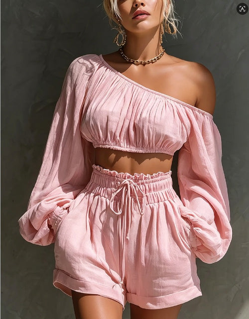Womens Long-sleeve Cropped Top and High-waisted Shorts Set