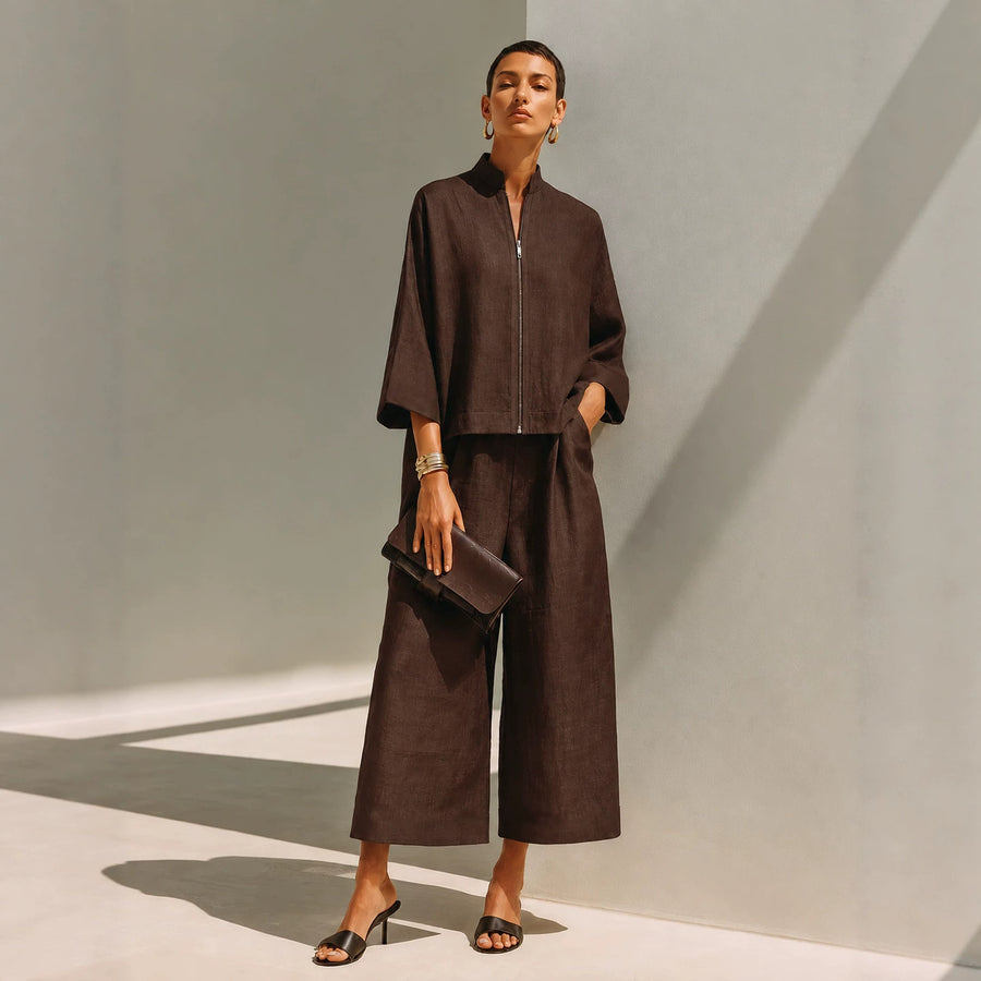 Stylish Stand-Collar Zip-Up Top & Loose Wide-Leg Pants Set
