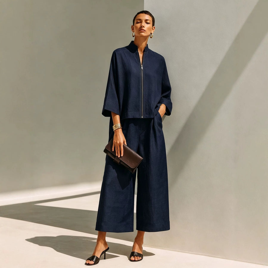 Stylish Stand-Collar Zip-Up Top & Loose Wide-Leg Pants Set