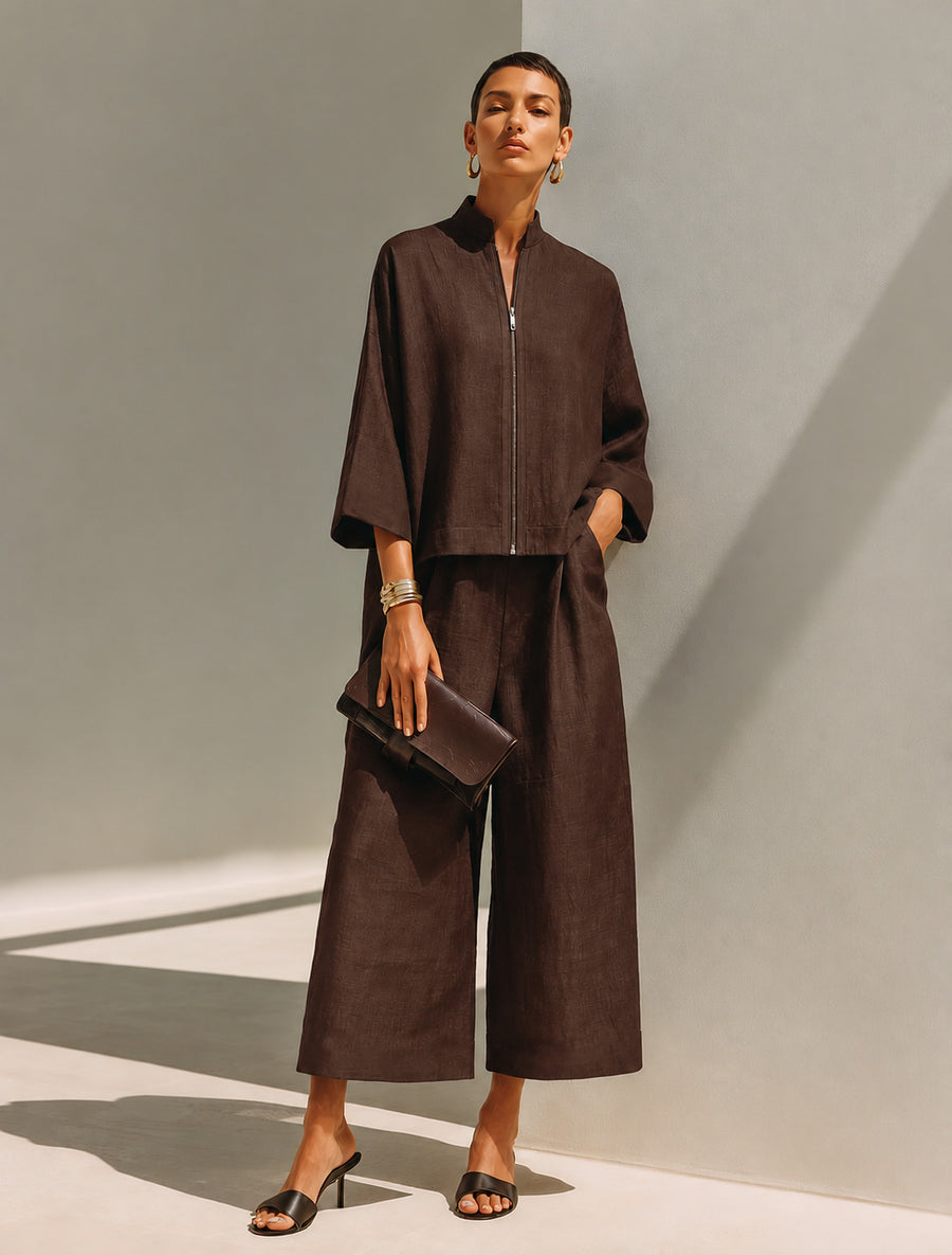 Stylish Stand-Collar Zip-Up Top & Loose Wide-Leg Pants Set
