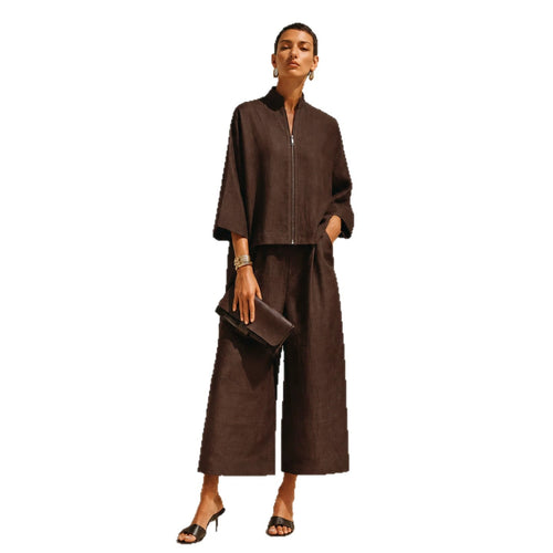 Stylish Stand-Collar Zip-Up Top & Loose Wide-Leg Pants Set