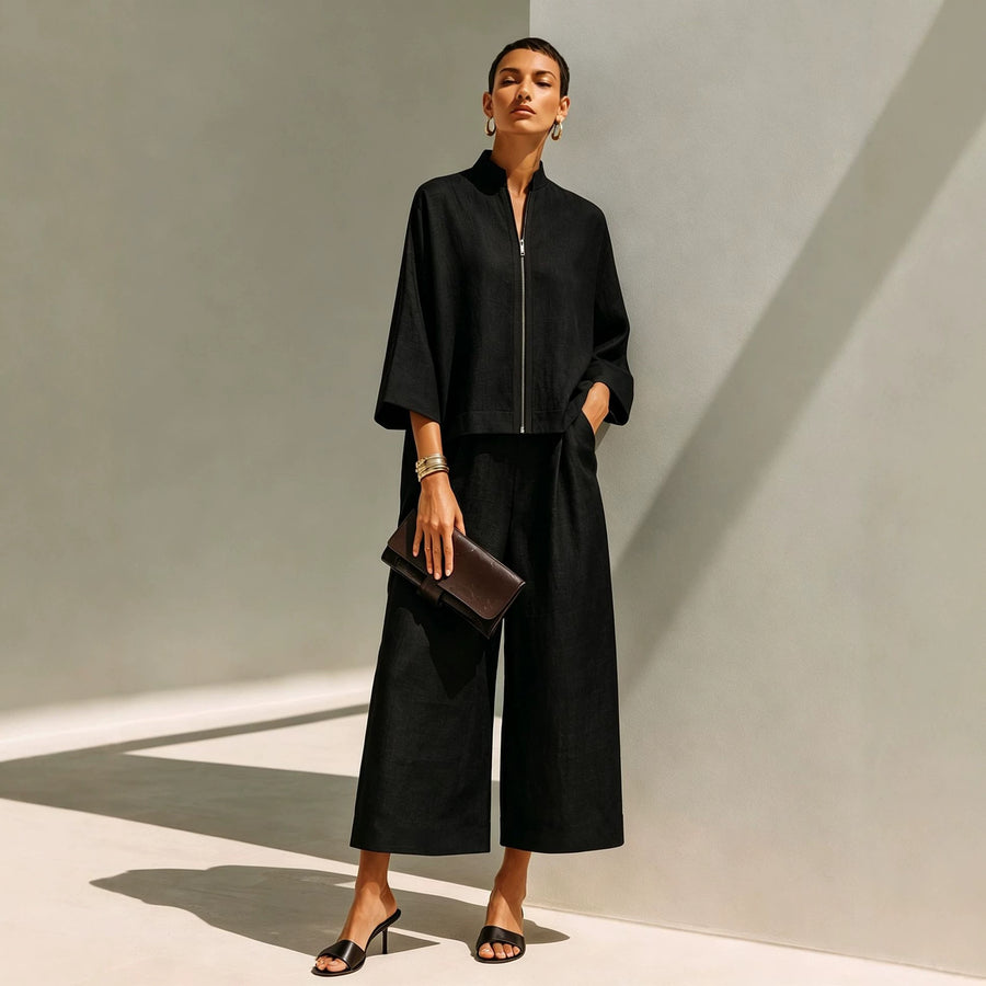 Stylish Stand-Collar Zip-Up Top & Loose Wide-Leg Pants Set