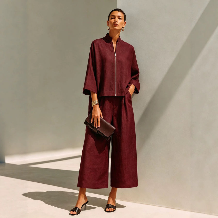 Stylish Stand-Collar Zip-Up Top & Loose Wide-Leg Pants Set