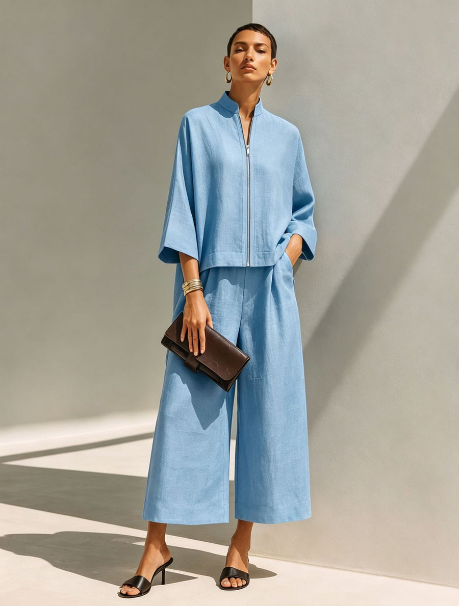 Stylish Stand-Collar Zip-Up Top & Loose Wide-Leg Pants Set