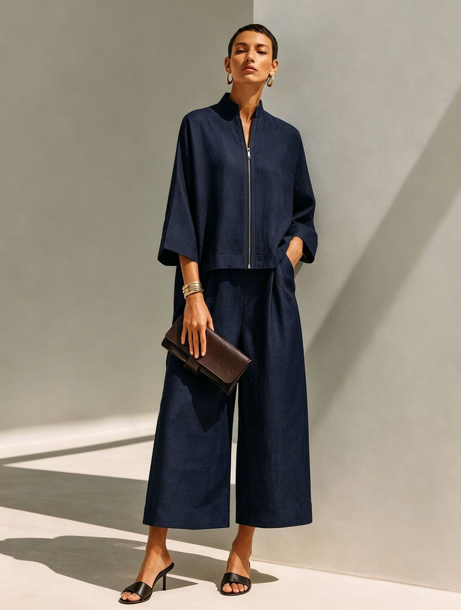 Stylish Stand-Collar Zip-Up Top & Loose Wide-Leg Pants Set