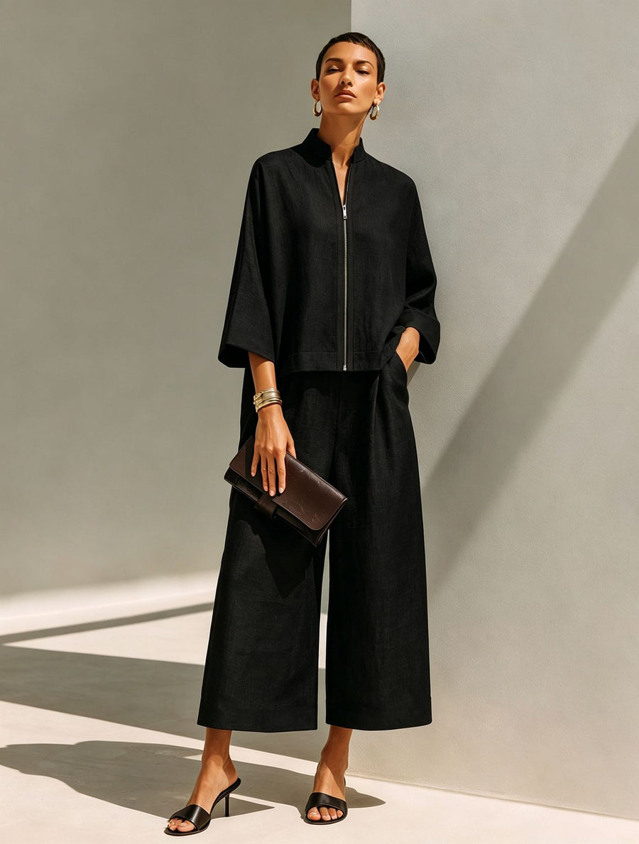 Stylish Stand-Collar Zip-Up Top & Loose Wide-Leg Pants Set
