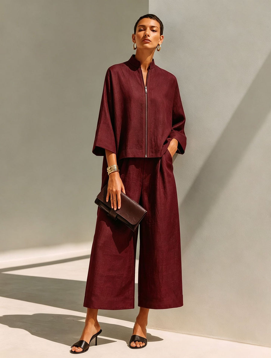 Stylish Stand-Collar Zip-Up Top & Loose Wide-Leg Pants Set