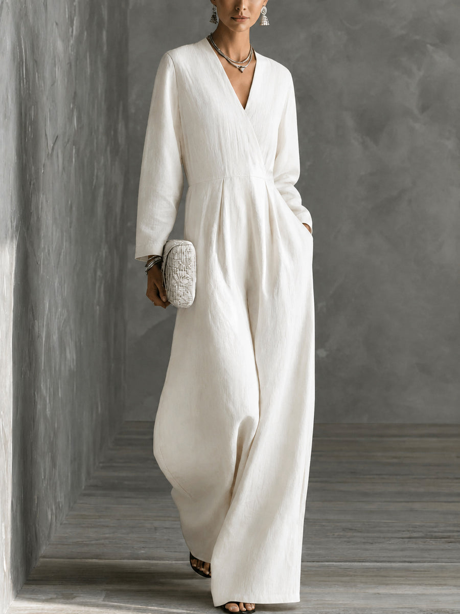 Womens V-neck Long-sleeve Relaxed-fit Wide-leg Jumpsuit