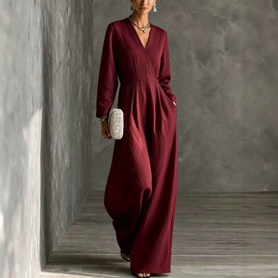 Womens V-neck Long-sleeve Relaxed-fit Wide-leg Jumpsuit