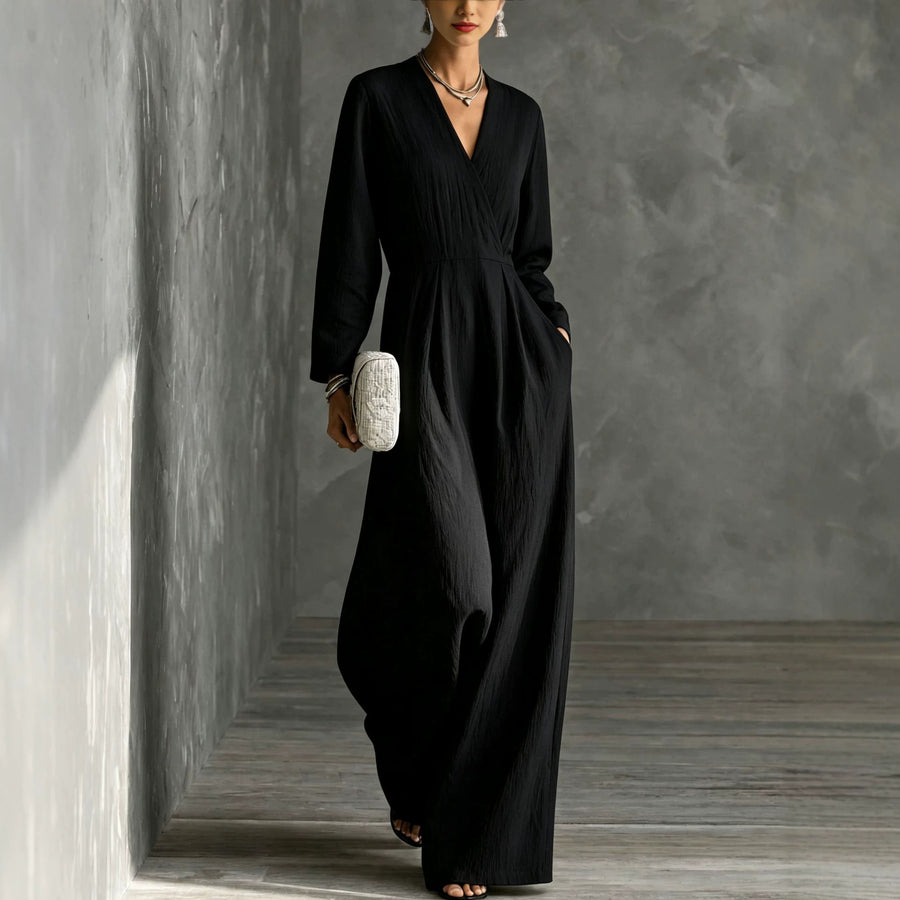 Womens V-neck Long-sleeve Relaxed-fit Wide-leg Jumpsuit