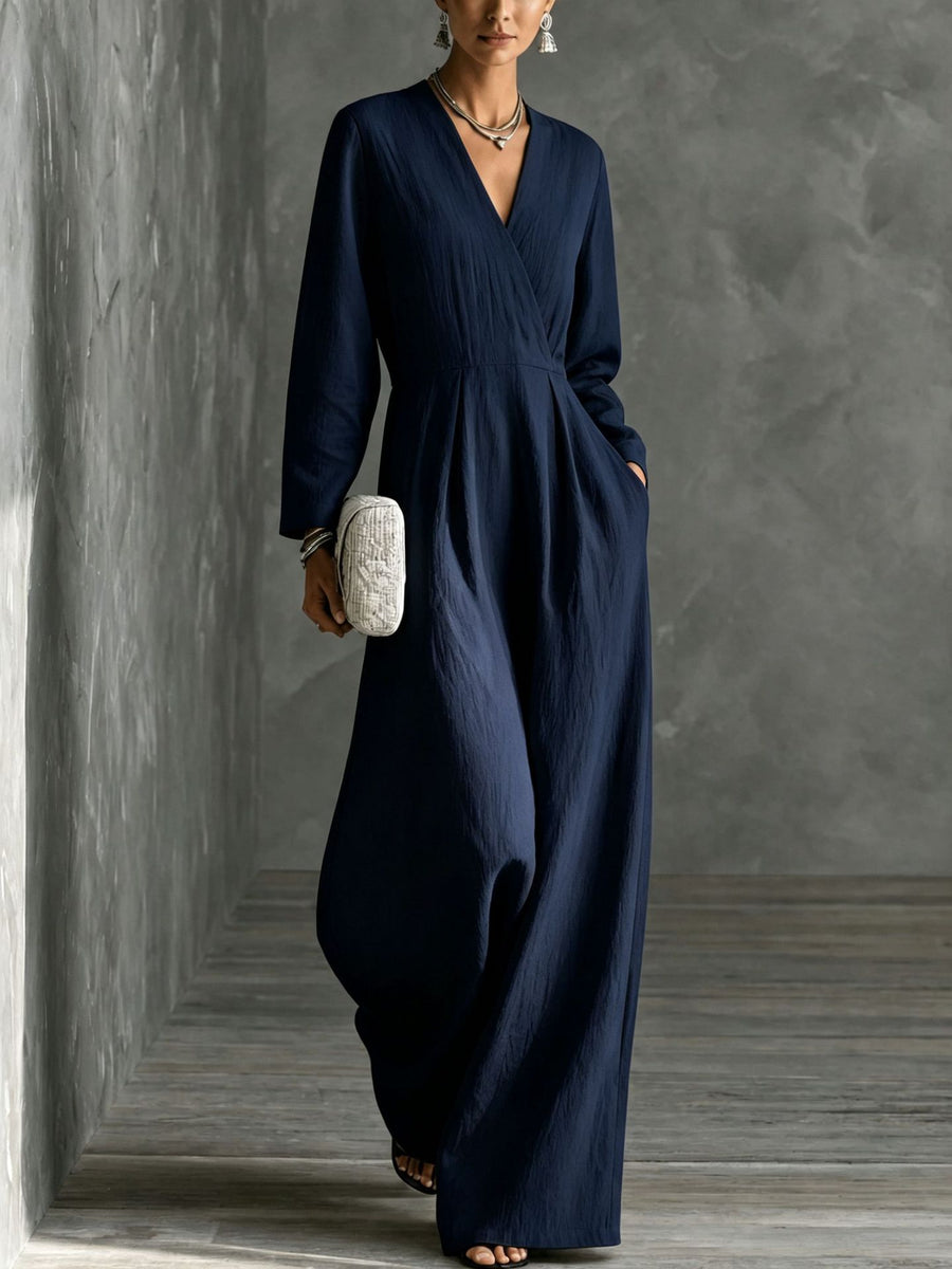 Womens V-neck Long-sleeve Relaxed-fit Wide-leg Jumpsuit
