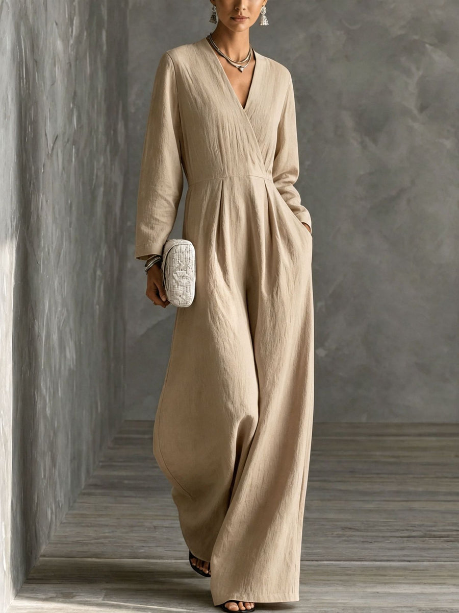 Womens V-neck Long-sleeve Relaxed-fit Wide-leg Jumpsuit